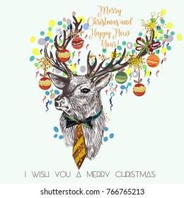 Christmas illustration with deer and baubles. Vector New Year illustration