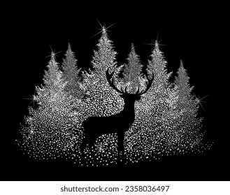 Christmas illustration of deer and fir-trees. Vector illustration