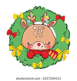 christmas illustration with deer hand drawn cute vector sketch