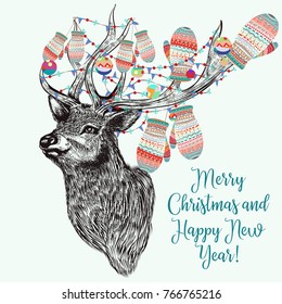 Christmas illustration with deer and knitted mittens. Vector New Year illustration