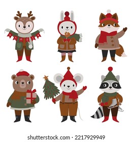 Christmas illustration with deer, rabbit, fox, bear, mouse, raccoon. Christmas animals set.