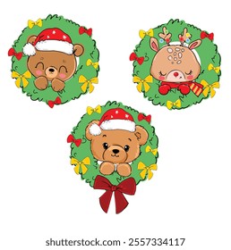  christmas illustration with deer and teddy bear hand drawn cute vector sketch