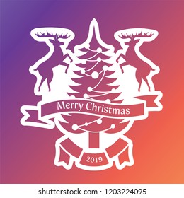 Christmas illustration with deer and Christmas tree. Greeting card to happy christmas. Simple design, bright illustration.