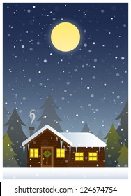 Christmas illustration depicting a cabin in the woods during a blizzard. Eps 10 Vector.
