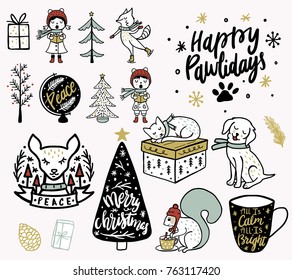 Christmas Illustration Doodles. Cute Christmas Cliparts with Animals. Christmas Signs and Symbols.