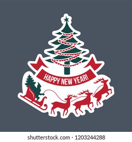 Christmas illustration of an elegant Christmas tree and Santa Claus in a sleigh in harness with deer. Congratulations on a happy Christmas for postcards and printed materials.