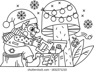 Christmas illustration. The elf helps Santa to wrap gifts.