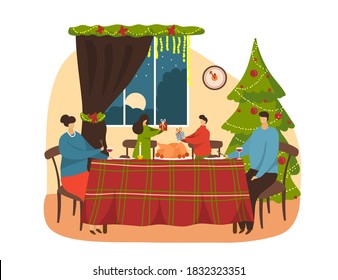 Christmas illustration, family behind festive table with turkey and candles next to the Christmas tree - mom and dad are drinking wine, children are giving each other gifts.