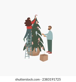 Christmas illustration. The family decorates the Christmas tree with Christmas garlands. New Year's atmosphere