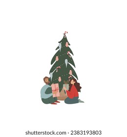 Christmas illustration. A family exchanges Christmas presents. New Year's atmosphere