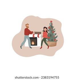 Christmas illustration. A family exchanges Christmas presents. New Year's atmosphere. People put gifts in socks