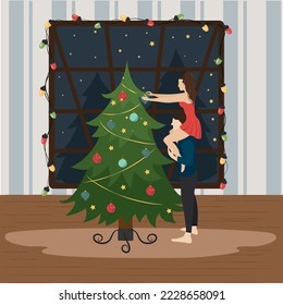 Christmas illustration. A family. Christmas tree. Holiday atmosphere. High quality vector illustration.
