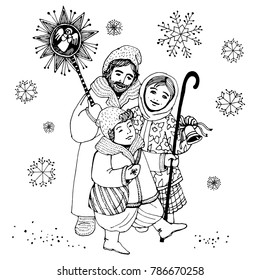 Christmas illustration. Family in winter clothes, singing carols and holding Christmas star.