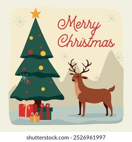 Christmas illustration featuring a deer standing next to a Christmas tree and gifts. The phrase Merry Christmas appears at the top and is perfect for holiday cards and seasonal designs.