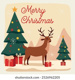 Christmas illustration featuring a deer standing next to Christmas trees and gifts and the phrase Merry Christmas. Ideal for holiday cards and seasonal designs.