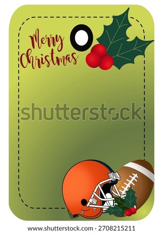 Christmas illustration featuring an orange and black football, pine branches, holly, bows, bells and lights. Ideal for greeting cards, banners, tags and festive designs.