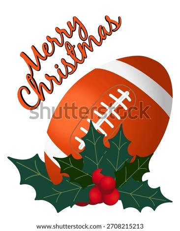 Christmas illustration featuring an orange and black football, pine branches, holly, bows, bells and lights. Ideal for greeting cards, banners, tags and festive designs.