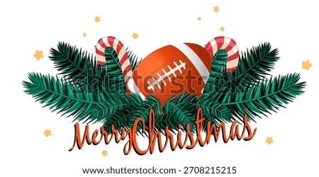 Christmas illustration featuring an orange and black football, pine branches, holly, bows, bells and lights. Ideal for greeting cards, banners, tags and festive designs.