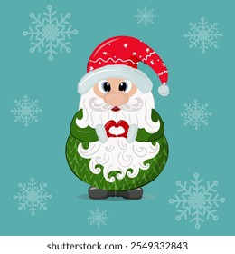 Una ilustración de Navidades con un peculiar personaje de Santa Claus con una gorra roja y un abrigo verde sosteniendo un corazón con ambas manos. Perfecto para tarjetas de Navidad, diseños de temporada y decoraciones de vacaciones