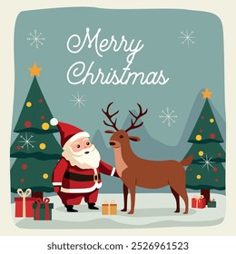 Christmas illustration featuring a reindeer and Santa Claus standing next to decorated fir trees and gifts with the phrase Merry Christmas. Ideal for holiday cards and seasonal designs.