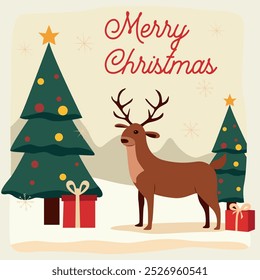 Christmas illustration featuring a reindeer standing next to decorated Christmas trees and presents. The phrase Merry Christmas appears at the top, ideal for holiday cards and seasonal designs.