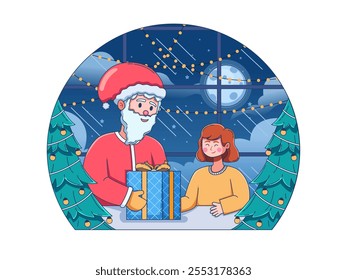 Christmas illustration featuring Santa Claus giving a beautifully wrapped gift to a child at home during the night.