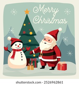 Christmas illustration featuring a snowman and Santa Claus standing next to decorated Christmas trees and gifts with the phrase Merry Christmas. Ideal for holiday cards and seasonal designs.