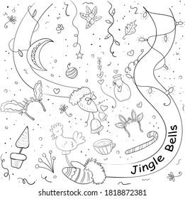 Christmas illustration with festive elements candies, Santa Claus, hand bells and the New Year's Fir tree. Vector clip art illustration. Coloring page or book, anti-stress, hobby.