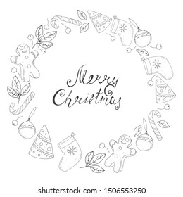 Christmas illustration. festive frame of socks, gingerbread men, balls, Christmas trees and decorative elements with a calligraphic inscription. vector. hand drawing