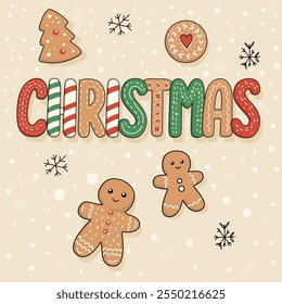 Christmas illustration with festive inscription - Christmas, gingerbread, snowflakes and decorations. A fun holiday design perfect for greeting cards, posters and decorations.