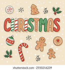 Christmas illustration with festive lettering, gingerbread cookies, candy cane, holly, snowflakes, and ornaments. Cheerful holiday-themed design perfect for greeting cards, posters, and decorations