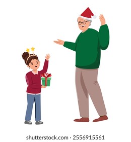 Christmas illustration. Festive scene of a girl offering a gift box to her cheerful grandfather wearing a Santa hat