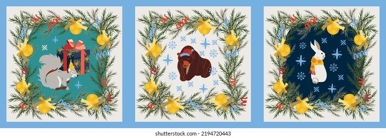 christmas illustration with fir garlands and woodland animals. Vector design for paper, fabric and other surface