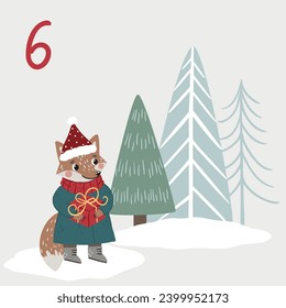 Christmas illustration with fir tree, fox and numbers for advent calendar