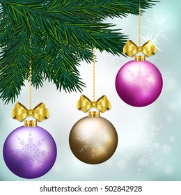 Christmas illustration with fir twigs, gold bows and balls. Vector illustration