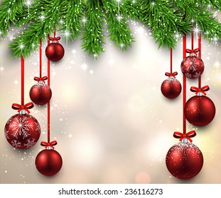 Christmas illustration with fir twigs and red balls. Vector background. 