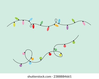 Ilustración navideña vector plano al estilo de las caricaturas. Luces de cuerda coloridas con forma redonda y forma ovalada. Feliz Navidad. Para tarjetas de Navidad, banners, etiquetas, etiquetas, fondo.