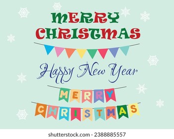 Ilustración navideña vector plano al estilo de las caricaturas. Feliz Navidad y Feliz Año Nuevo texto con copos de nieve en fondo azul claro. Para tarjetas de Navidad, banners, etiquetas, etiquetas, fondo.