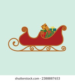 Ilustración navideña vector plano al estilo de las caricaturas. Santa es Sleigh con regalos. Feliz Navidad. Para tarjetas de Navidad, banners, etiquetas, etiquetas, fondo.