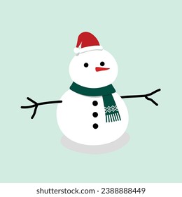 Christmas illustration flat vector in cartoon style. Snowman with red hat and green scarf. Merry Christmas. For Christmas cards, banners, tag, labels, background.
