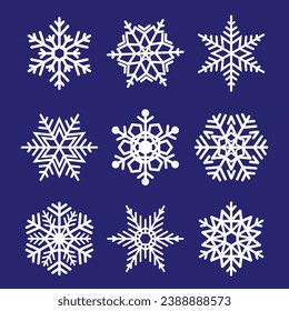 Christmas illustration flat vector in cartoon style. Set of white snowflakes icon isolated on dark blue background. Merry Christmas. For Christmas cards, banners, tag, labels, background.