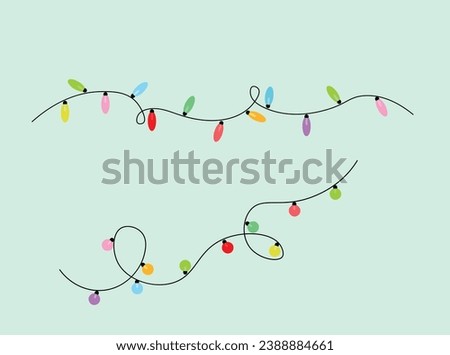Christmas illustration flat vector in cartoon style. Colorful fairy lights string lights with round shape and oval shape. Merry Christmas. For Christmas cards, banners, tag, labels, background.