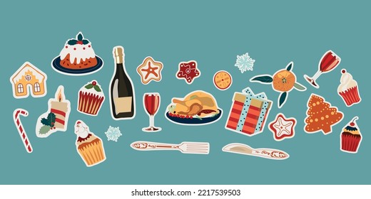 christmas illustration with  food, candy, gifts and cakes. vector design for paper, fabric and other surface