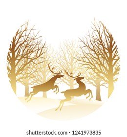 Christmas illustration with forest and reindeer, vector illustration.