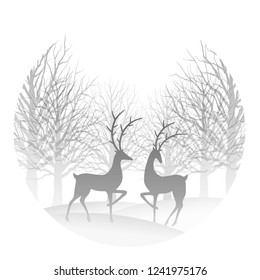 Christmas illustration with forest and reindeer, vector illustration.