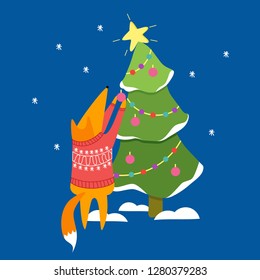 Christmas illustration, Fox and Christmas tree