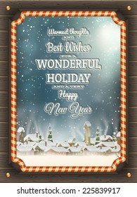 Christmas illustration frame with baubles and winter village. EPS 10 vector file included