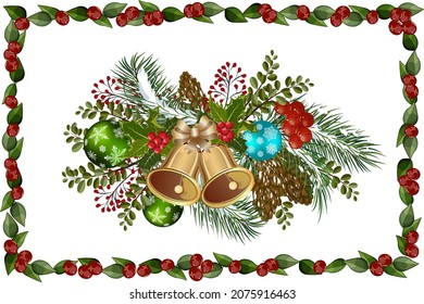 Christmas illustration with a frame of berries.Colored vector illustration with bells, berries, Christmas balls in a Christmas composition.