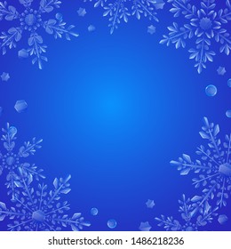Christmas illustration with frame of large complex translucent snowflakes on light blue background. Transparency only in vector format