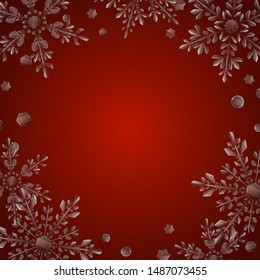 Christmas illustration with frame of large complex translucent snowflakes on red background. Transparency only in vector format